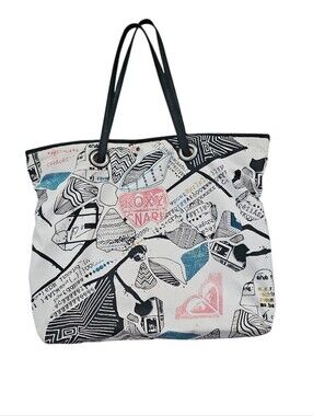 Roxy White Graphic Tote with Black Handles and Blue & Pink Accents